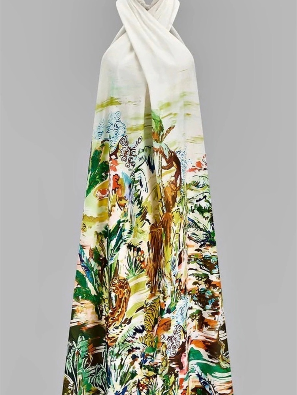 Cross Neck Scarf Print Maxi Dress White & Green NWT